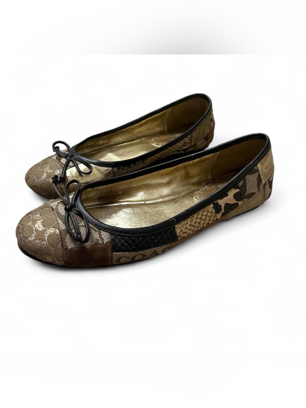 Vtg Coach Jasmine Patchwork Ballet Flats Gold Metallic Jacquard Y2K Bow Women 7M